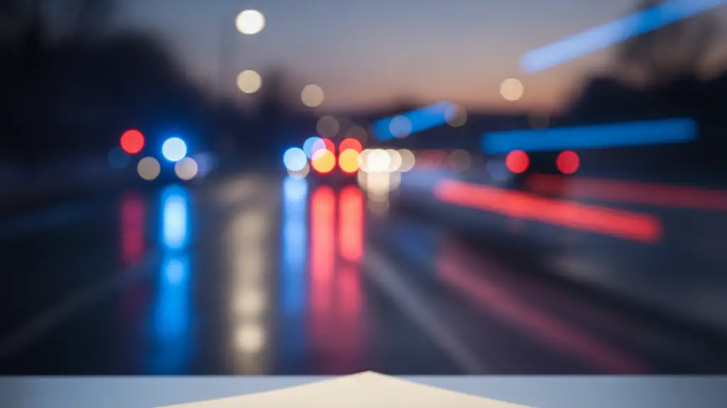 Blurred emergency lights reflecting on wet ground, a closed medical file folder in foreground.