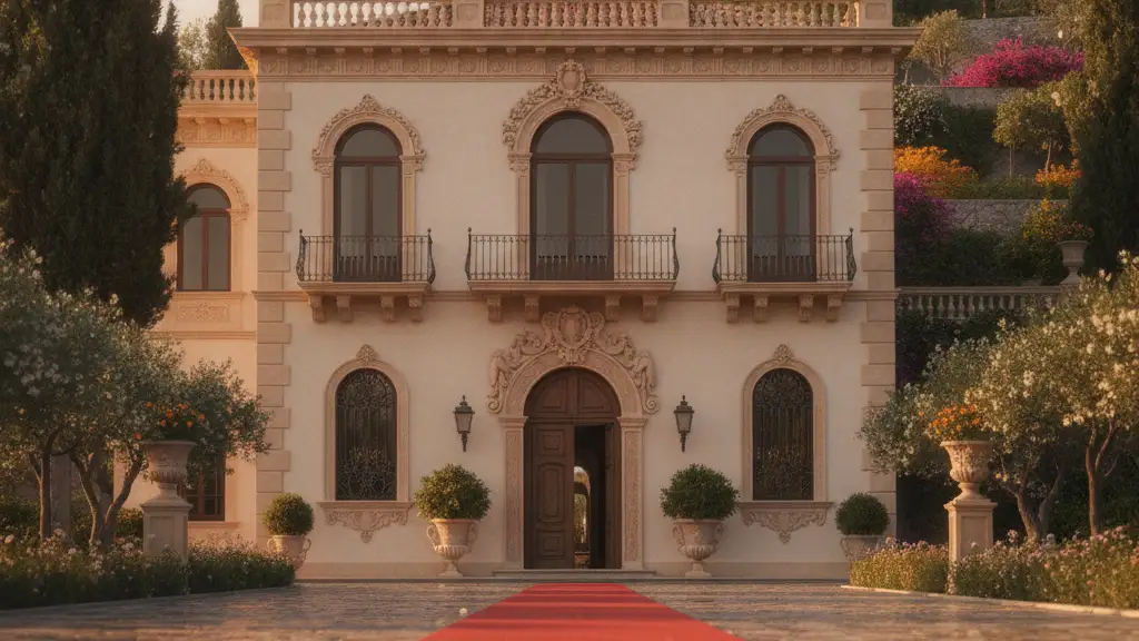 Grand Sicilian villa exterior with red carpet and subtle camera flashes, late afternoon.