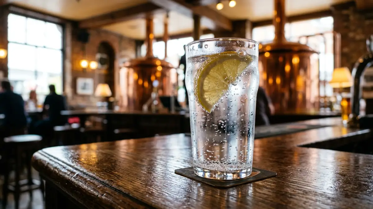 A glass of sparkling water with lemon on a wooden bar in a brewery.