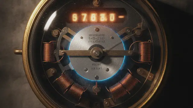 Close-up of a vintage electricity meter with blurred numbers and a subtle glow.
