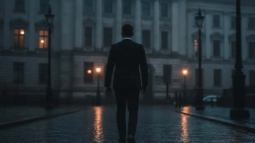 Blurred figure in suit walking towards a grand building in Glasgow at dusk.
