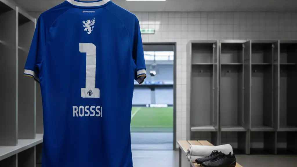 Two football jerseys, one hanging, one folded, in a locker room.