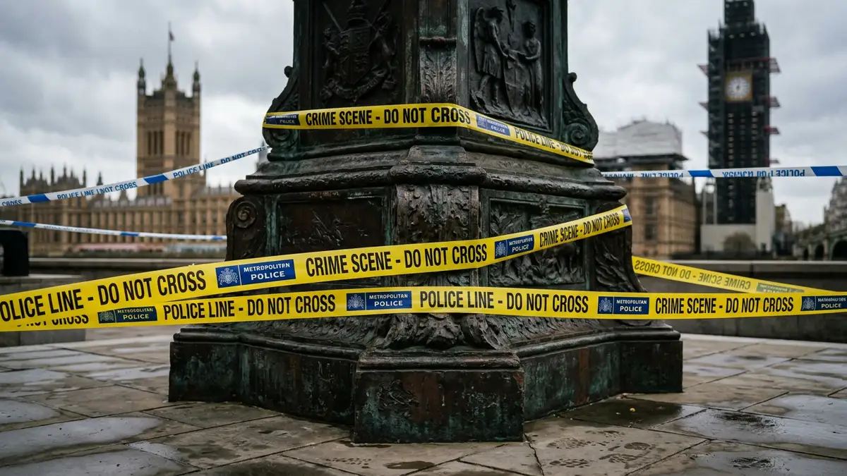 Police tape cordons off the base of a bronze statue in London's Parliament Square.