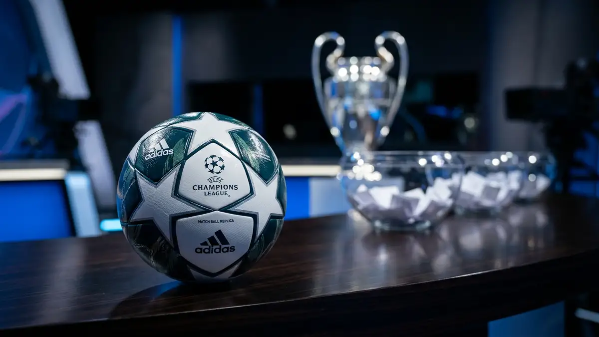 A Champions League football and blurred trophy in a professional studio setting.