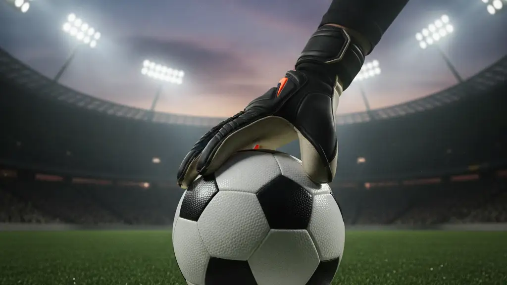 Soccer ball on green grass, stadium lights in background, a hand placing the ball.