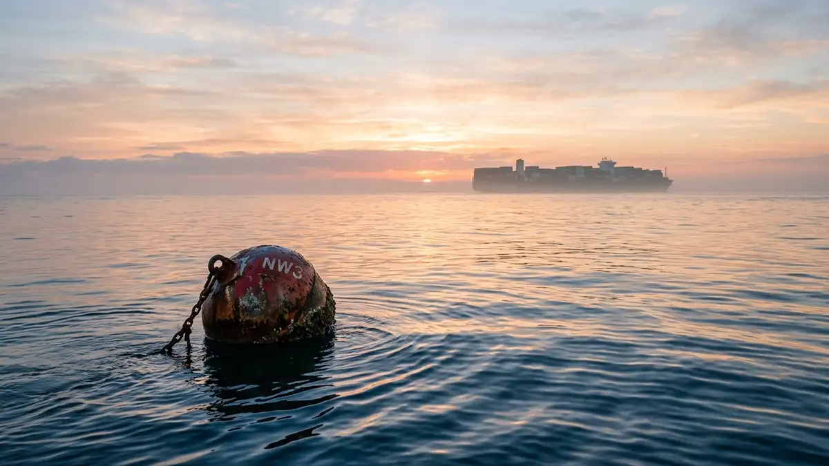 Container ship silhouette on horizon at dawn, calm ocean, weathered buoy in foreground.
