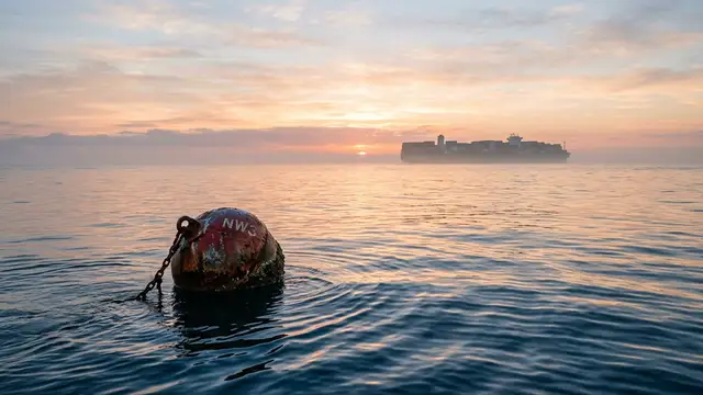 Container ship silhouette on horizon at dawn, calm ocean, weathered buoy in foreground.