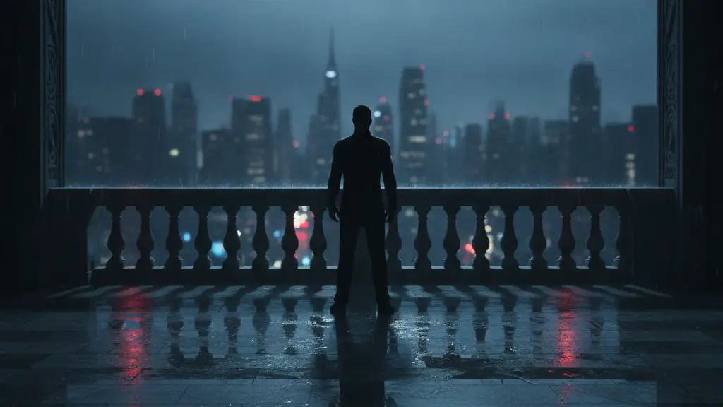 Silhouetted figure on a balcony overlooking a northern city at dusk.