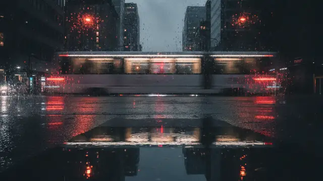 Emergency lights reflecting in a puddle on a wet Bangkok street at night.