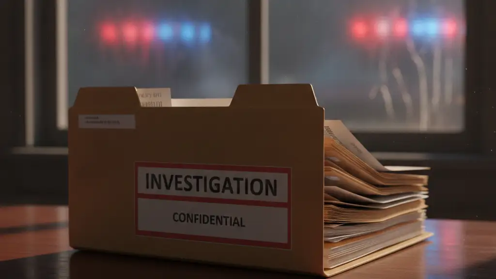 Confidential investigation file on a desk with blurred emergency light reflections.
