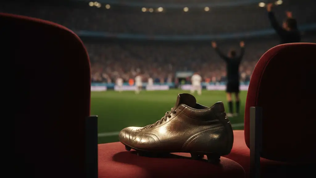 A single football boot sits on an empty stadium seat during a World Cup final.