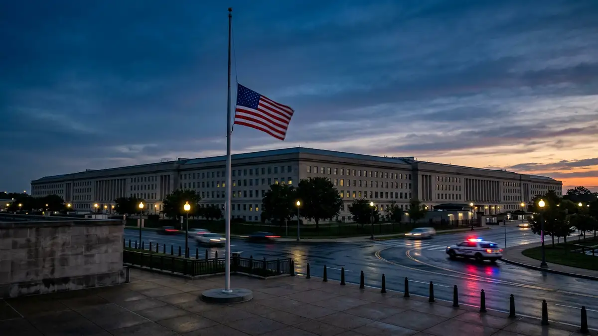 The Pentagon building at dusk with an American flag in the foreground.