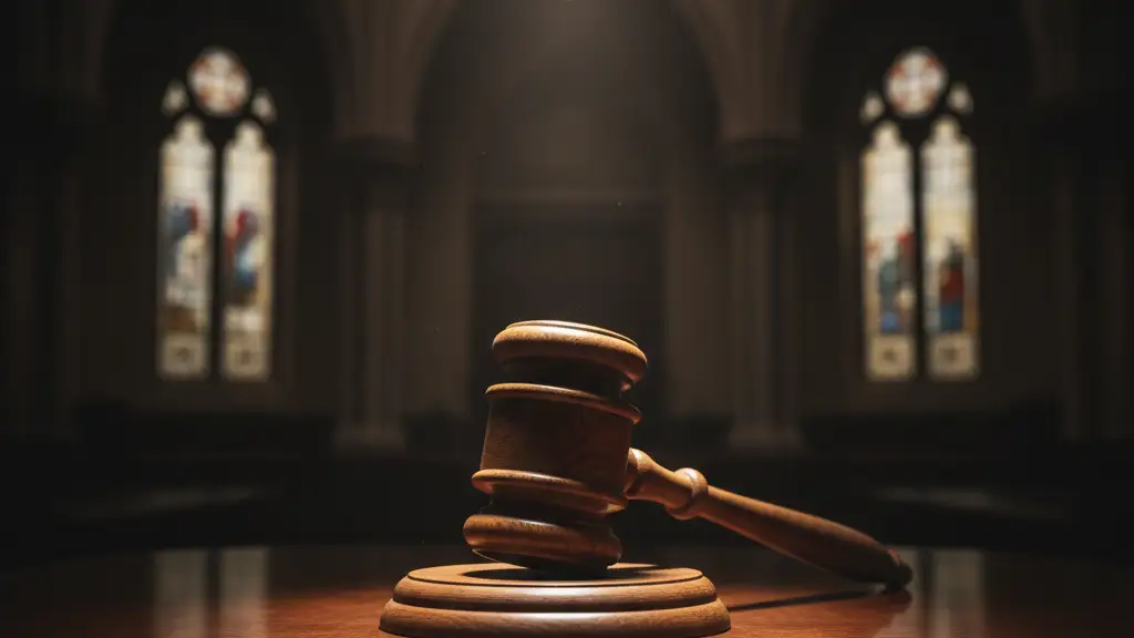 A lone wooden gavel on a polished desk under a dramatic spotlight.