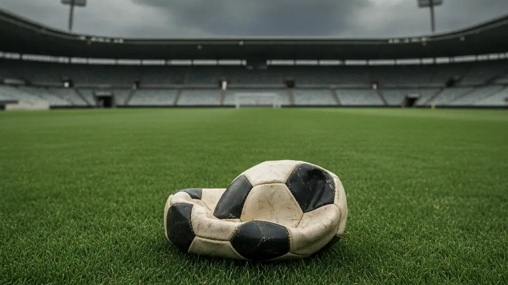 Deflated soccer ball on a green grass pitch, stadium lights blurred in the distance.