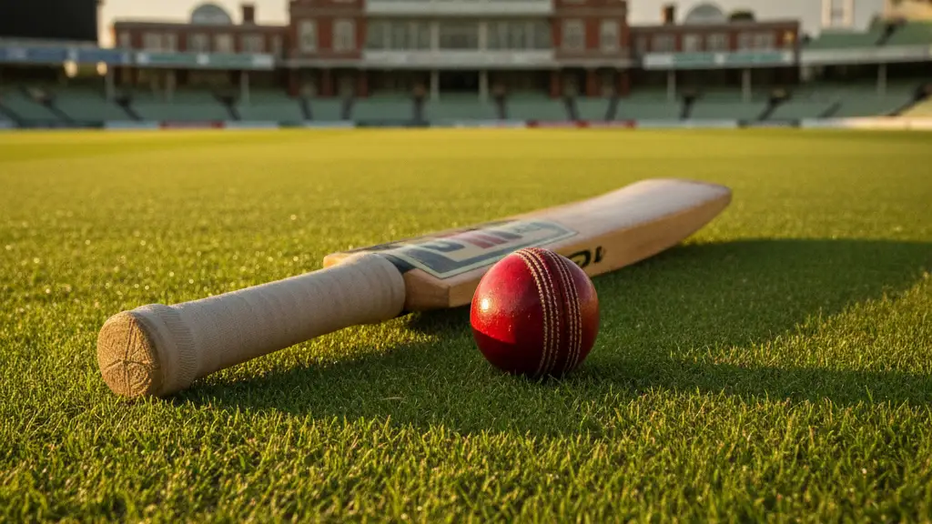 Cricket bat and ball on green pitch with Lord's pavilion in background.