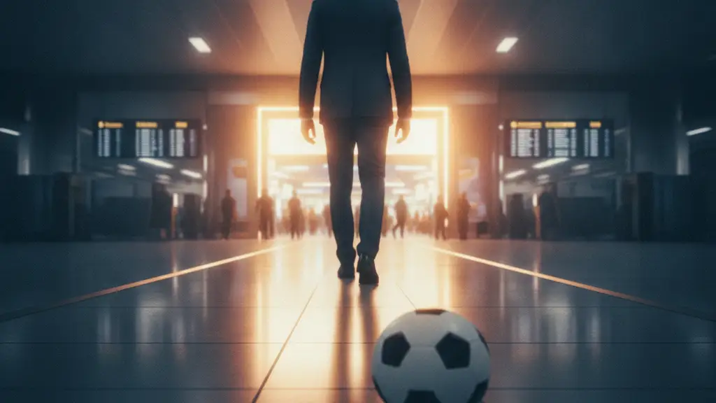 Silhouette of a man walking towards an airport, a football in the foreground.