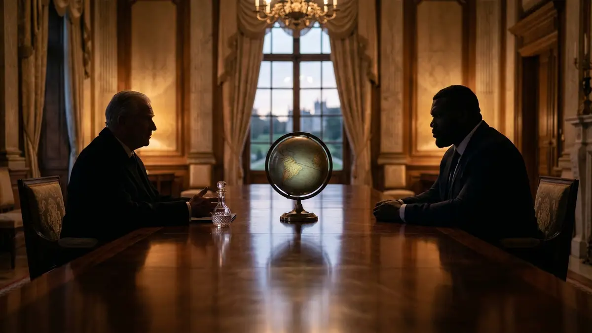 Two silhouetted figures facing each other across a table with a globe.