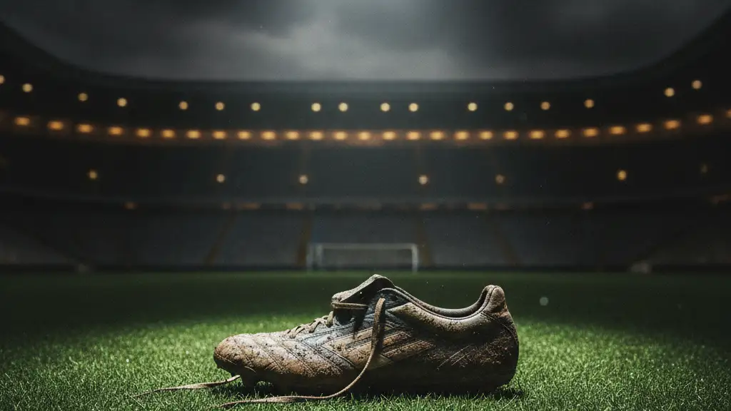 A mud-splattered football boot on a green pitch under a stadium spotlight.
