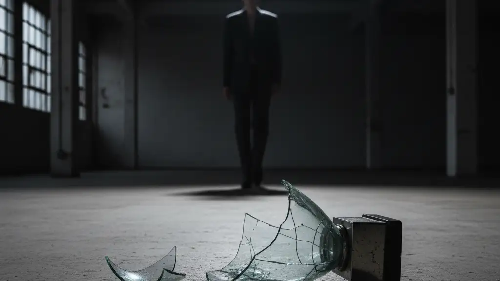 A cracked glass trophy lies on a studio floor under a single bright spotlight.