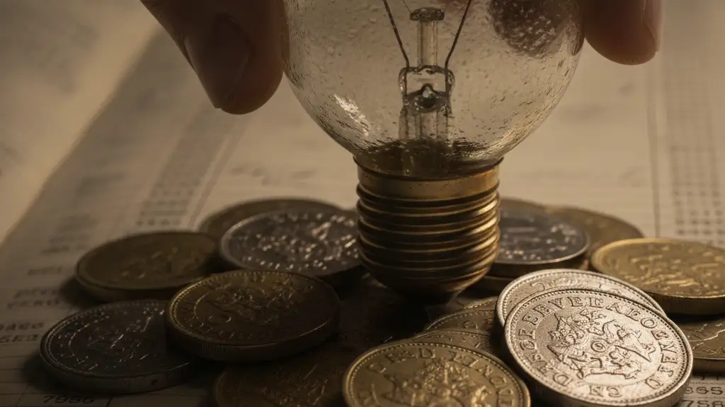 Hand placing light bulb on stack of pound coins, symbolizing energy cost.