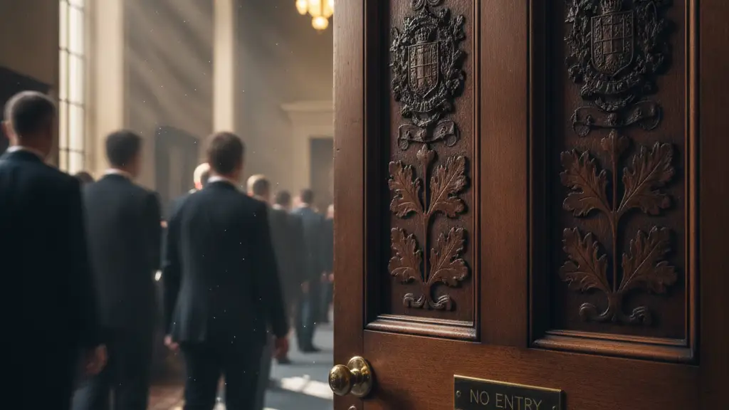 Closed parliamentary door, sunlight, blurred corridor, anticipation.