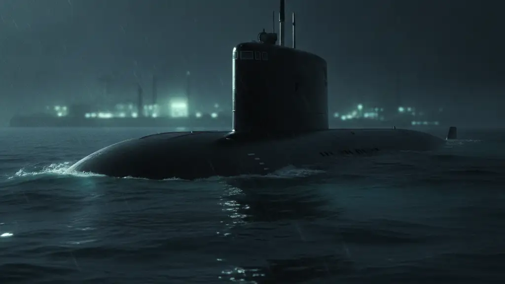 Silhouette of a submarine's bow emerging from dark, turbulent water.