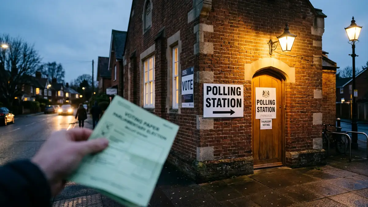 A polling station sign on a brick wall with a green ballot paper in foreground.
