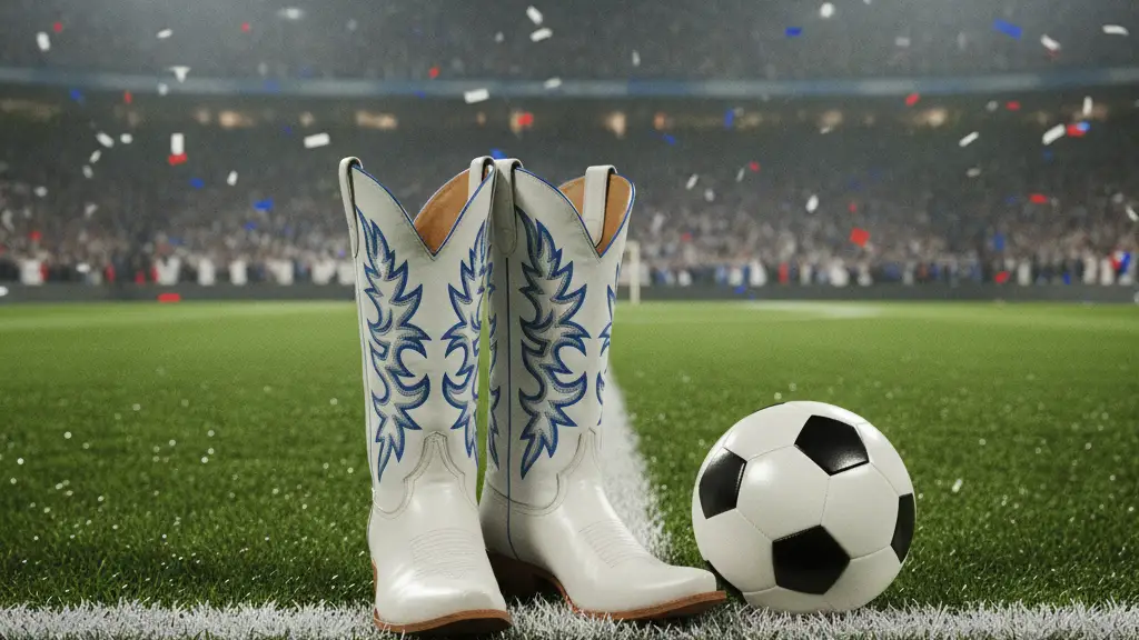 White cowboy boots on a football field, a soccer ball nearby, stadium lights in background.