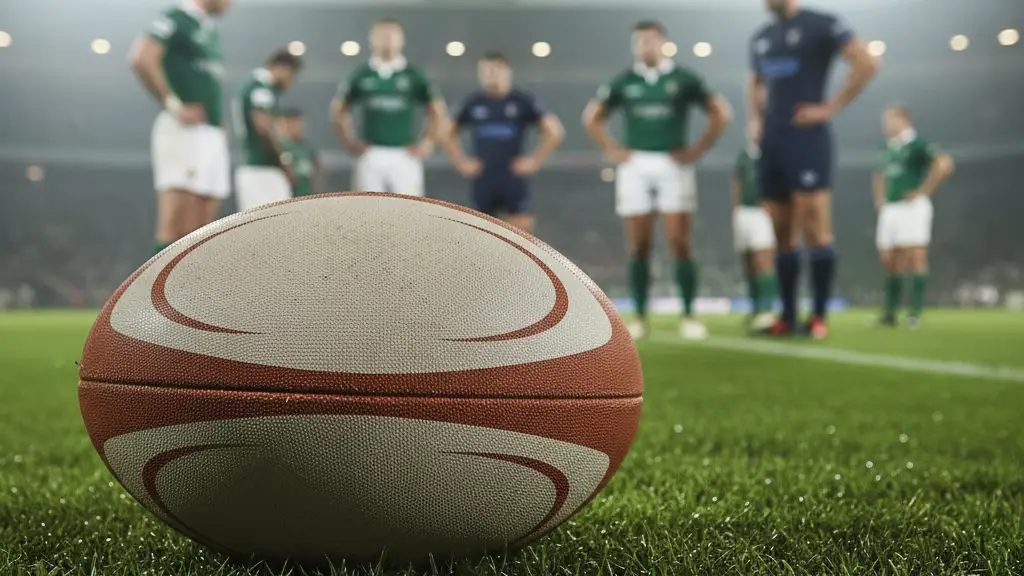 Rugby ball on green grass, blurred players in background, stadium lights.