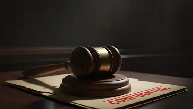 A wooden gavel on a desk next to a 'CONFIDENTIAL' file.