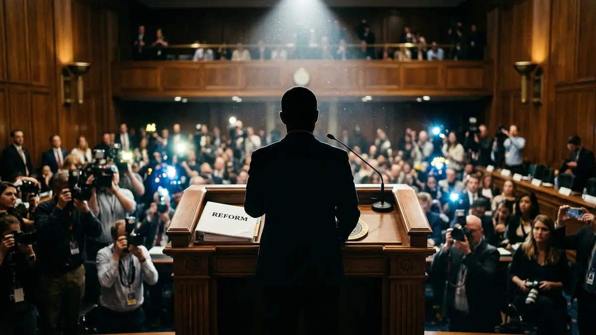 A silhouette of a speaker at a podium with a folder labeled reform.