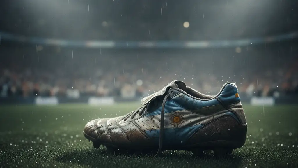 A mud-splattered football boot on a wet pitch under stadium lights.