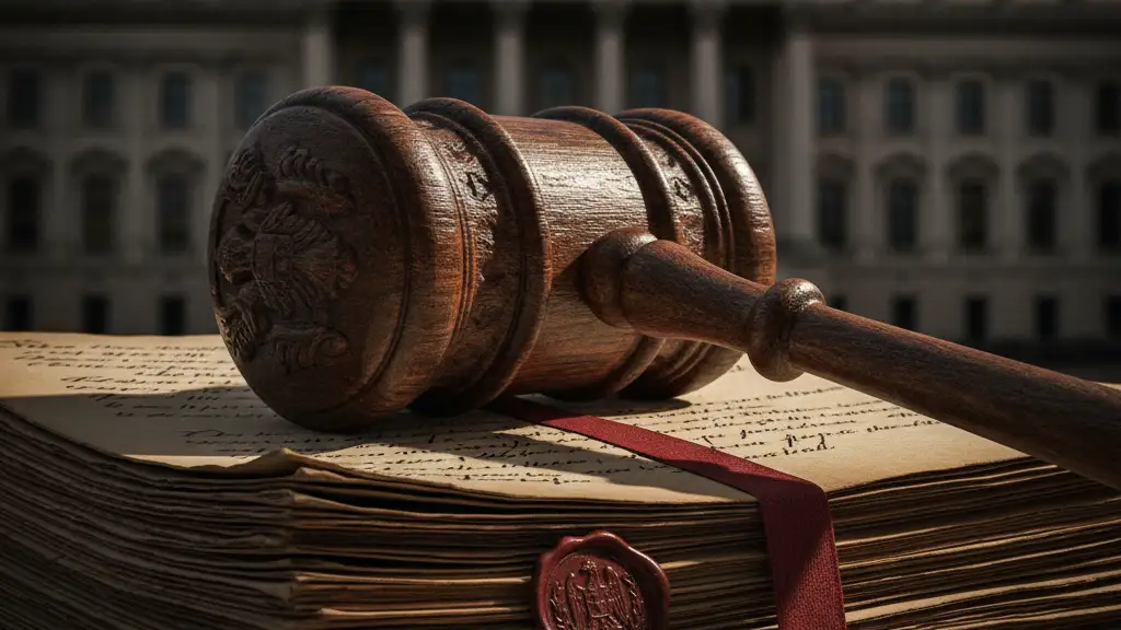 A heavy wooden gavel rests on official documents, symbolizing policy and law.