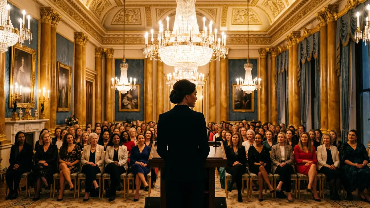 A silhouette of a speaker at a lectern addressing a crowd in a palace ballroom.