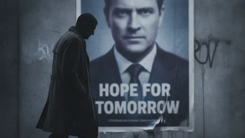 Blurred political campaign poster with a silhouetted figure walking away, conveying withdrawal.