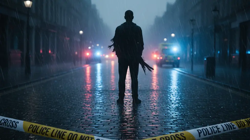 Silhouette on a street with flashing emergency lights and police tape.