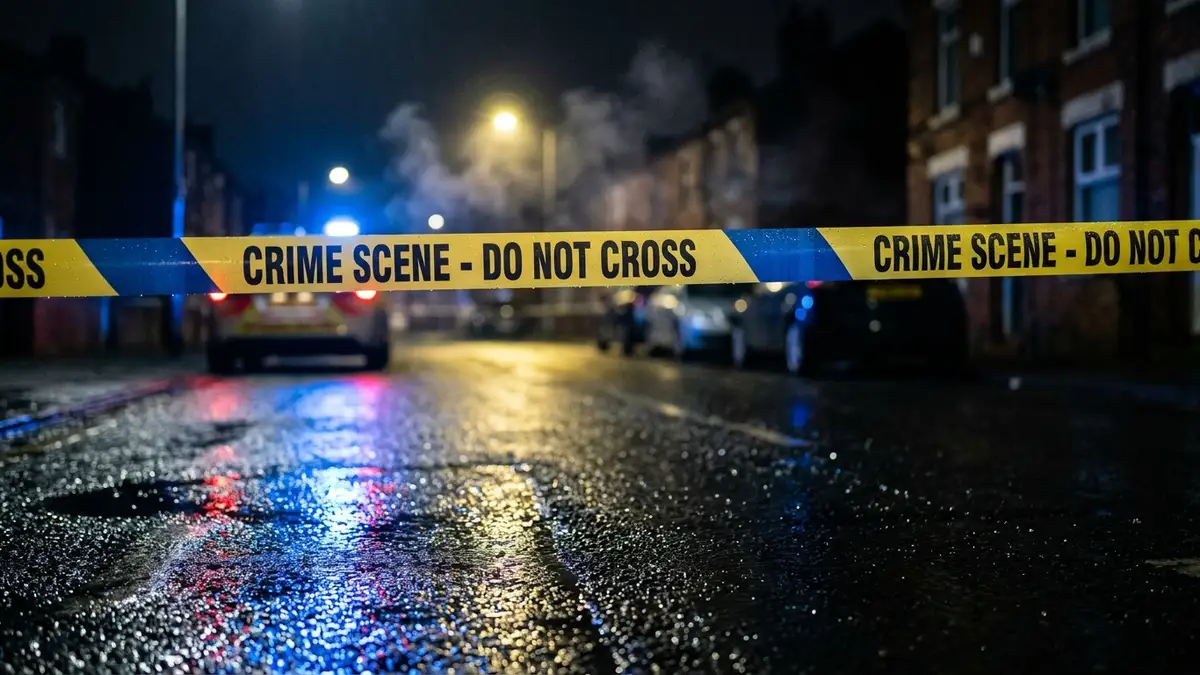 Blue emergency lights reflecting on wet pavement behind yellow police crime scene tape at night.
