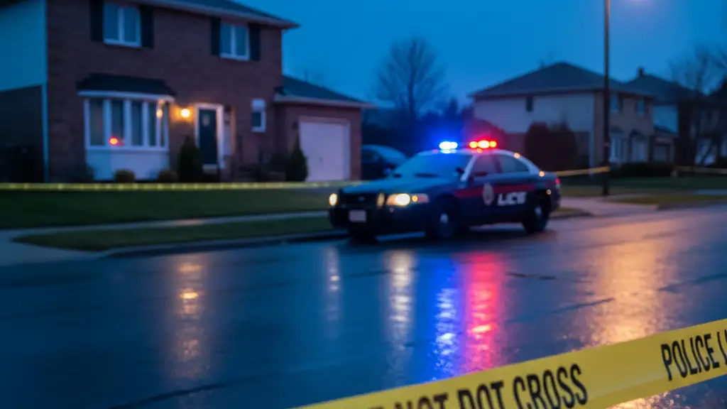 Yellow police tape across a residential street with blurred emergency lights in the background.