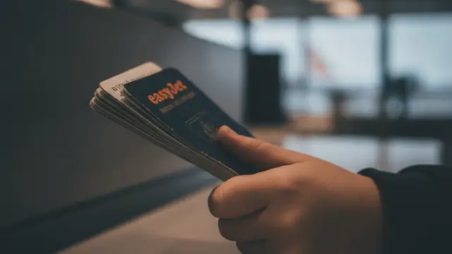 Child's hand clutching a passport at an airport gate with easyJet logo in background.