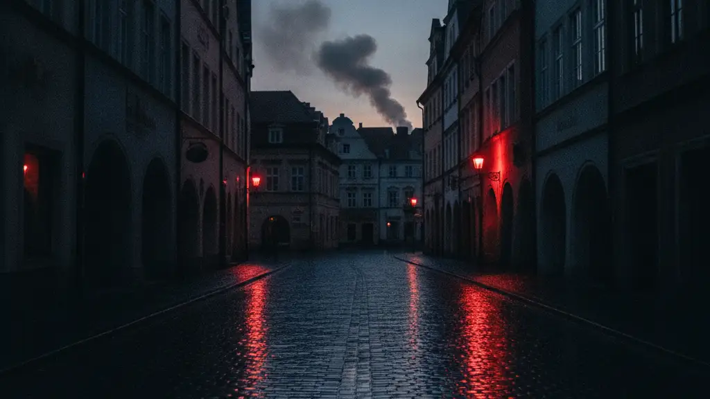 Emergency lights reflecting on a wet street with distant smoke, implying a major incident.