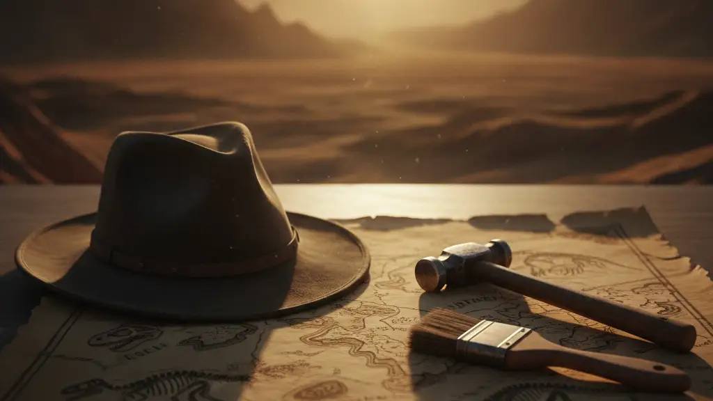 A fedora and paleontologist tools on a map, evoking adventure and absence.