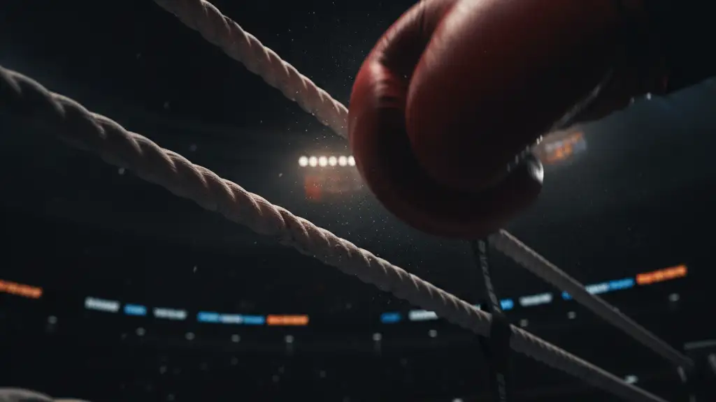 A blurred, gloved boxing fist near ring ropes, stadium lights in background.