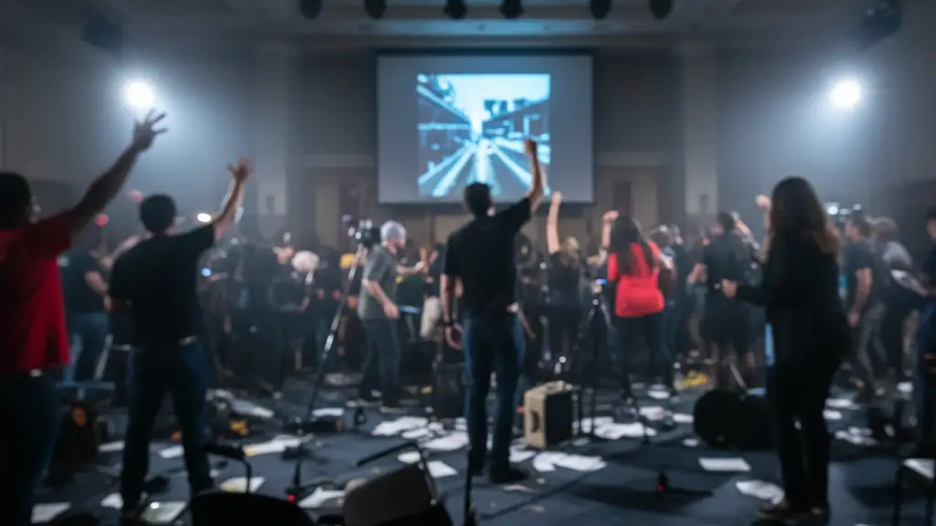 Yellow police tape in foreground at a chaotic town hall event.