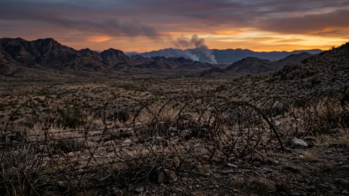 Barbed wire in a rocky mountain landscape with smoke rising on the distant horizon.