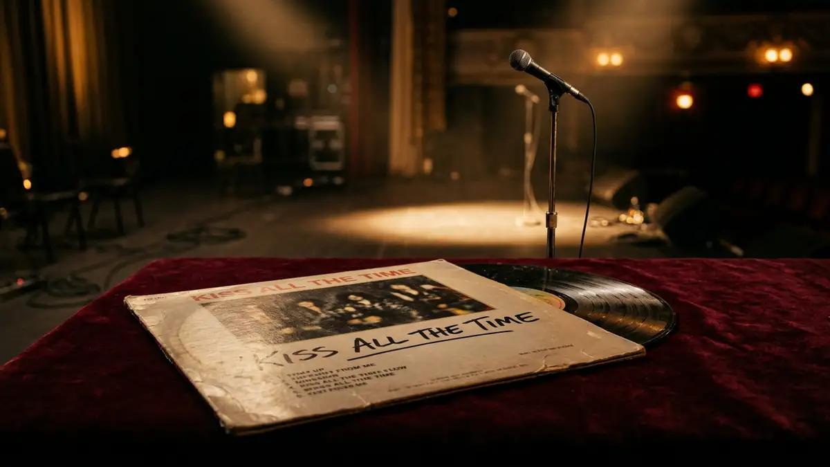 A vinyl record sleeve on velvet next to a blurred, empty microphone stand under a spotlight.