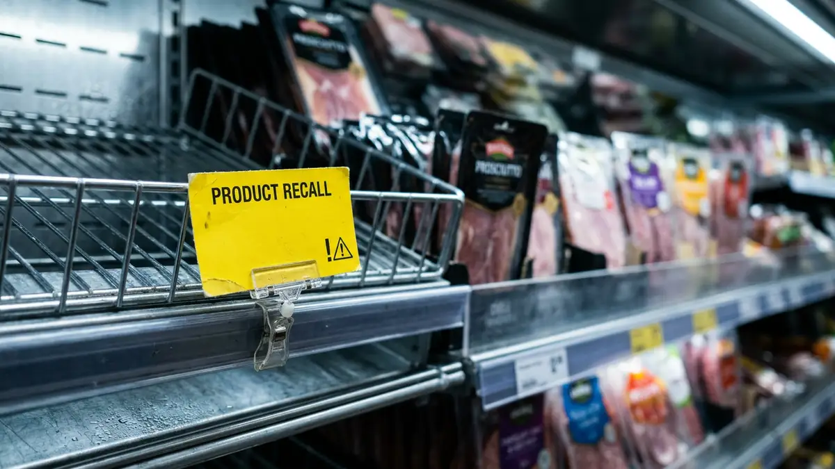 A blurred product recall notice clipped to a supermarket refrigerator shelf containing cured meats.