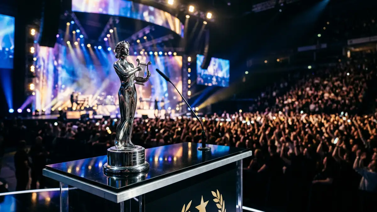 A silver music award trophy on a podium with blurred arena lights in the background.