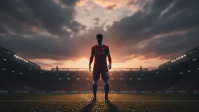 Footballer silhouette on a wet pitch with police tape.