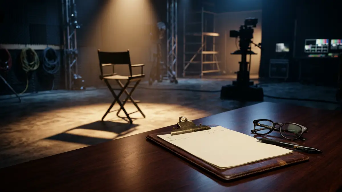A director's chair stands alone in a spotlight on a darkened television studio set.
