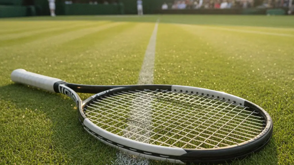 Tennis racket on Wimbledon grass, Royal Box blurred in background.
